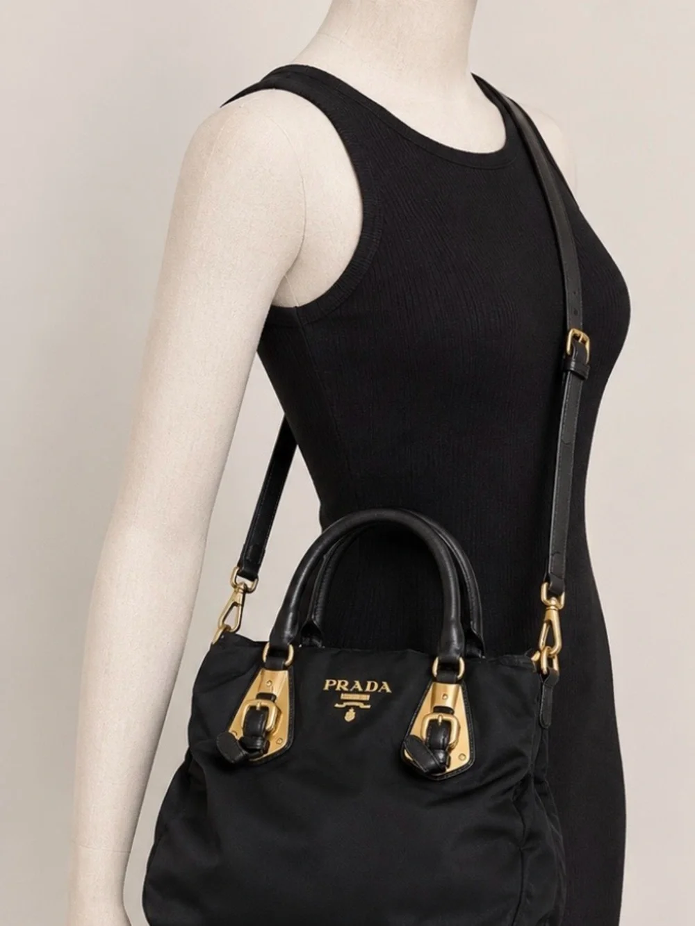 Prada Black Nylon Tessuto Shoulder Bag Satchel Gold Hardware